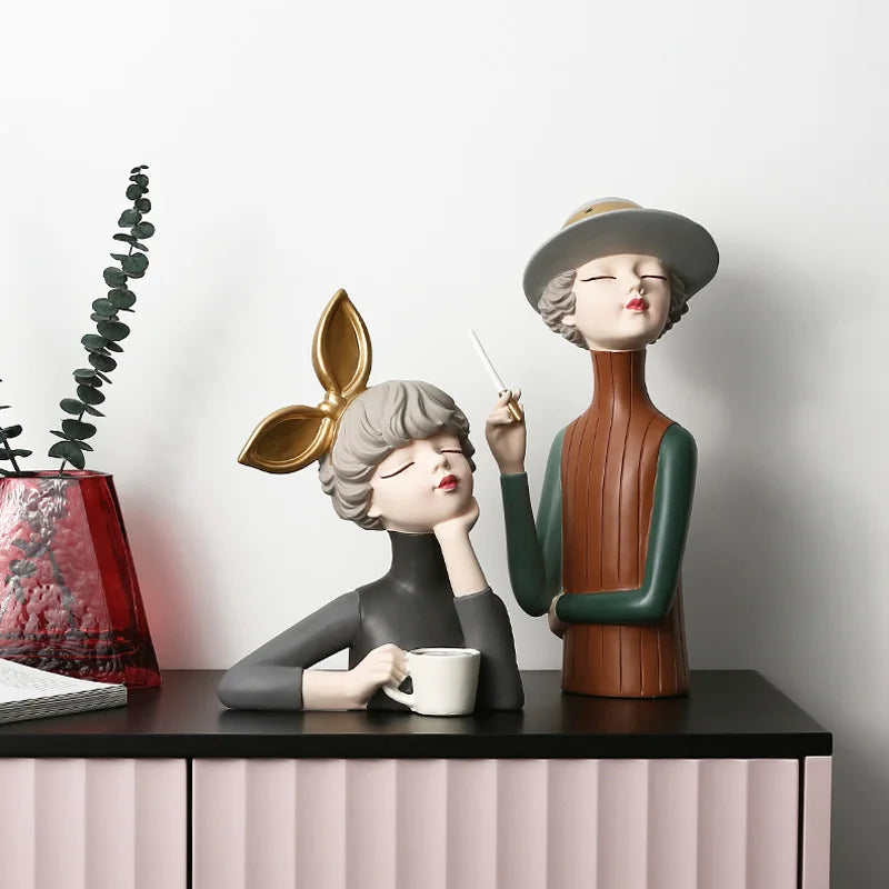 Afralia™ Turquoise Bowknot Girl Resin Figurine - Elegant TV & Wine Cabinet Statue