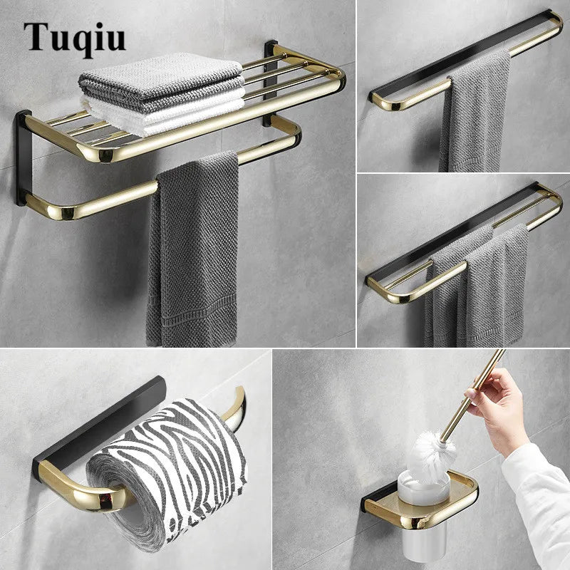 Afralia™ Gold & Black Bathroom Hardware Set: Shelf, Towel Rack, Paper Holder, Brush Holder