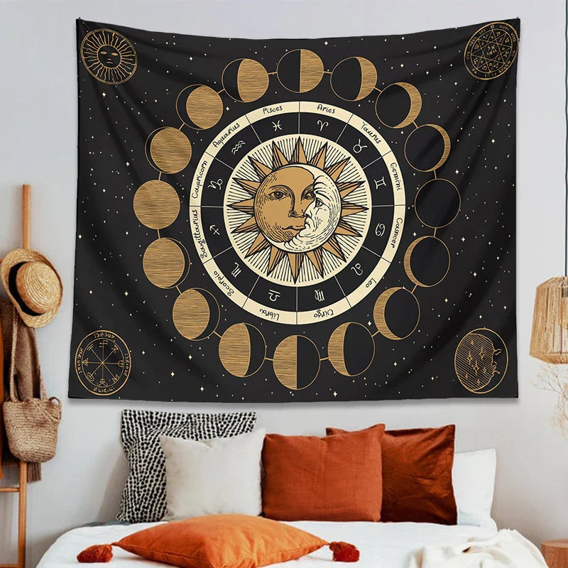 Afralia™ Astrology Wheel Tapestry Moon Phase Sun and Moon Starry Sky Home Decor