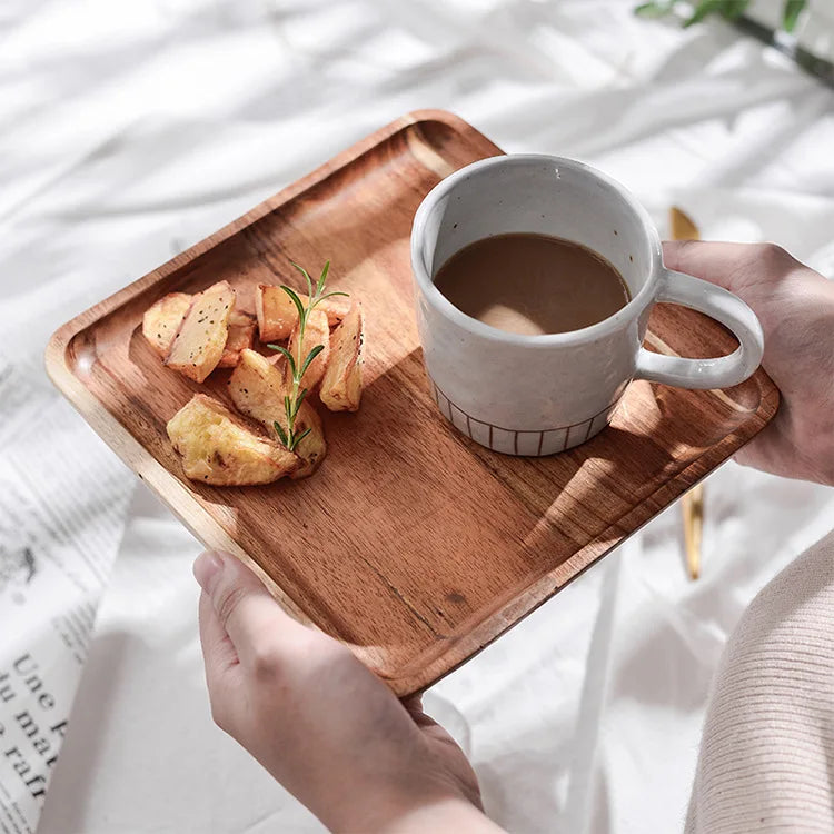 Afralia™ Acacia Wood Breakfast Tray - Rectangular Fruit Plate with Wooden Cutlery