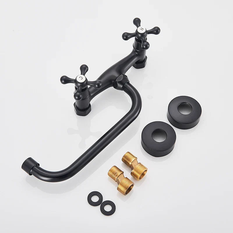 Afralia™ Antique Brass Basin Faucet Wall Mounted Dual Handles Swivel Spout Mixer Tap
