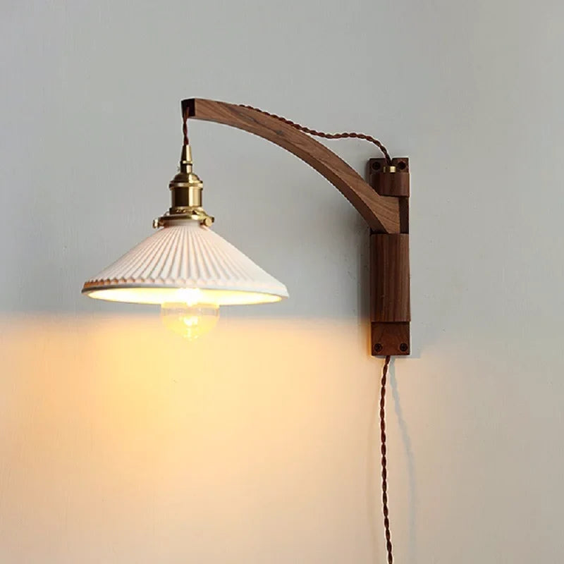 Afralia™ Minimalist Walnut Wall Lamp with Retractable Arm and Pleat Lampshade