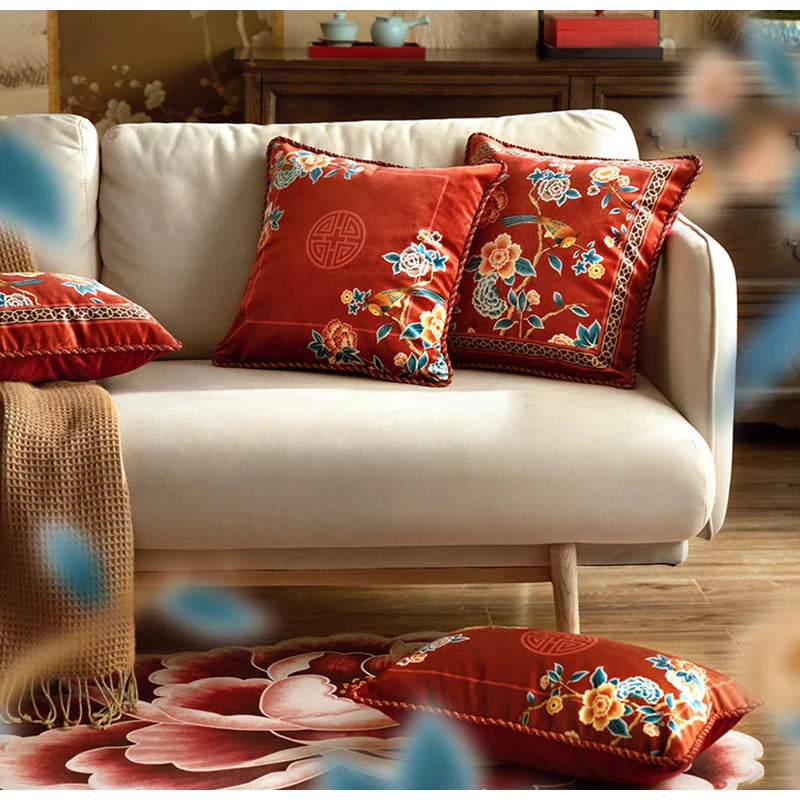 Afralia™ Festive Chinese Style Red Velvet Lumbar Pillow Covers for Home Sofa Décor