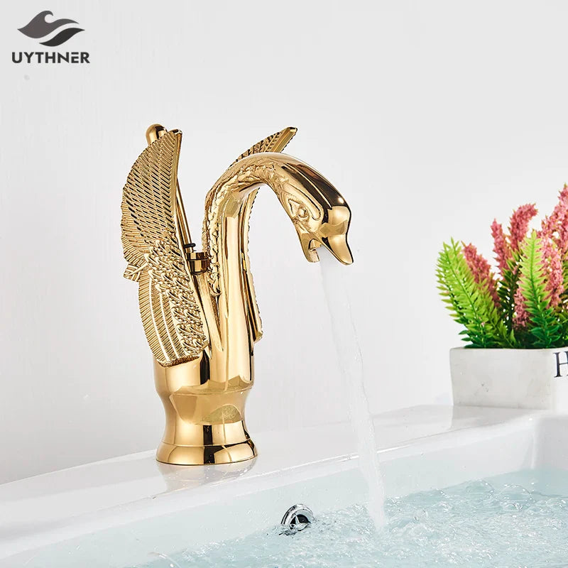 Afralia™ Brass Golden Swan Faucet for Bath Basin, Cold & Hot Water Mixer Tap