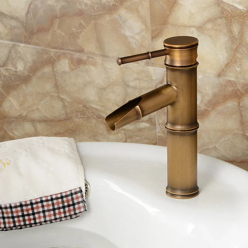 Afralia™ Antique Brass Bamboo Basin Faucet Single Handle Hot Cold Water Tap