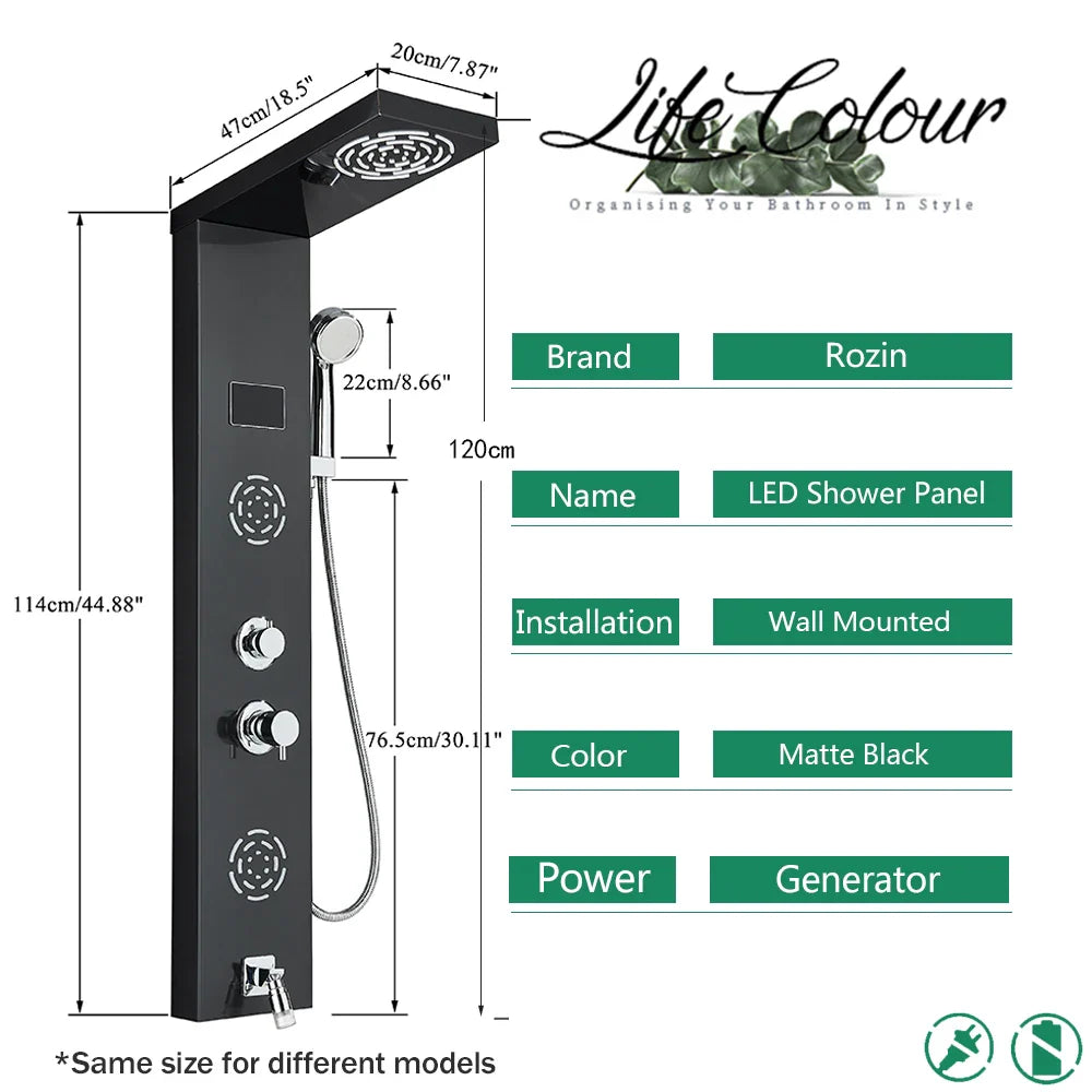 Afralia™ LCD Black LED Rainfall Shower Panel with 5 Massage Jets Wall Mount