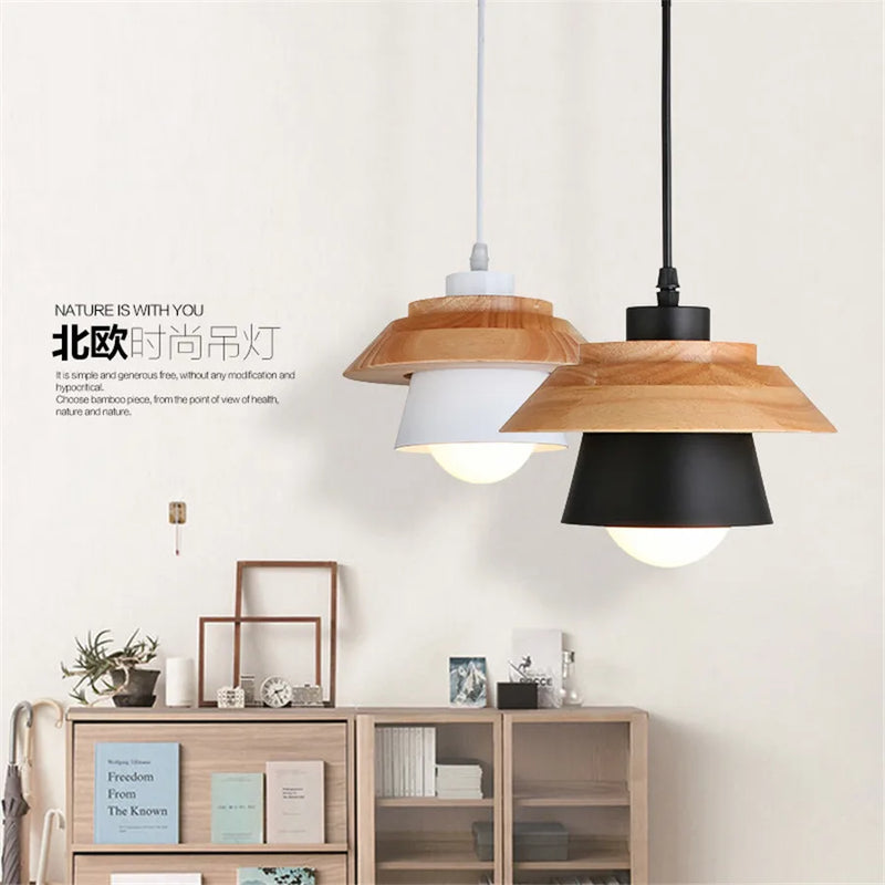 Afralia™ Modern Simplicity LED Pendant Light Iron Wooden Lamp for Living Room Restaurant