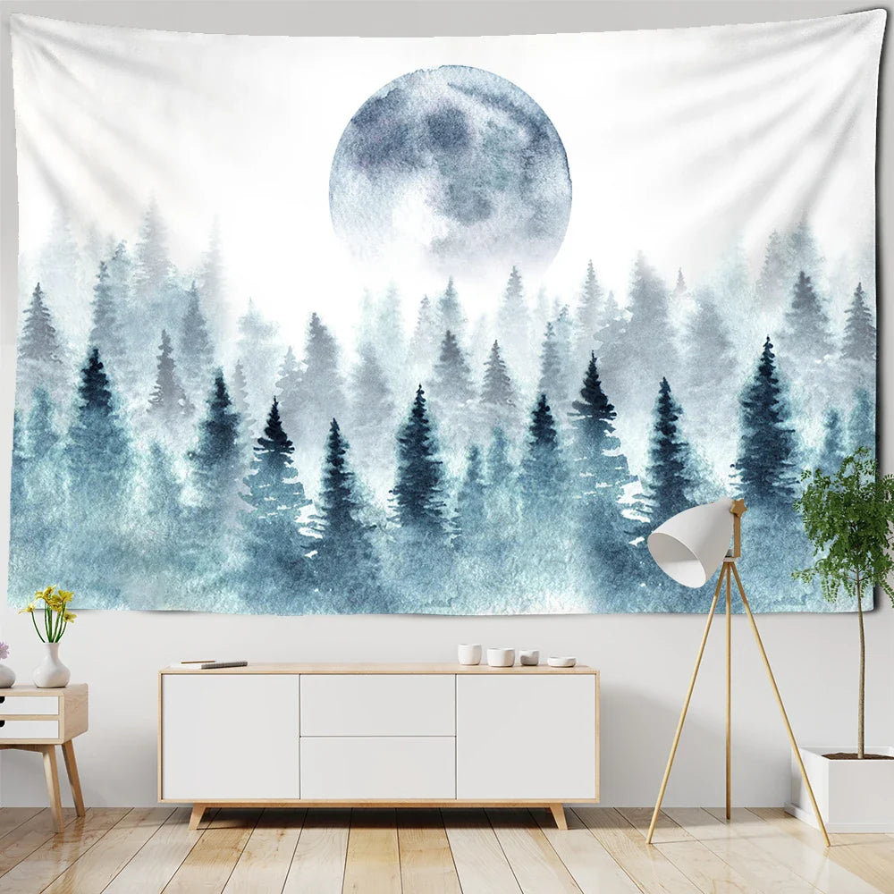 Afralia™ Foggy Forest Tree Tapestry Living Room Decor