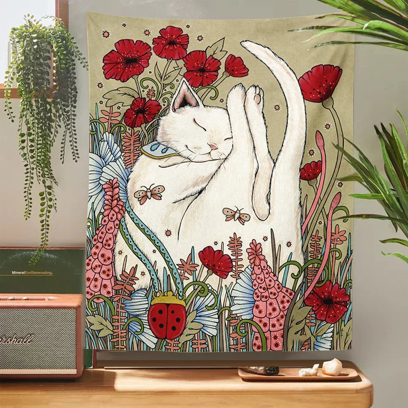 Afralia™ Cat Botanical Flower Wall Tapestry for Living Room Bedroom Home Decor