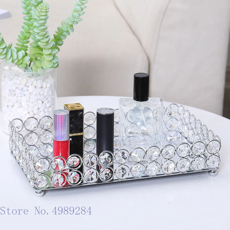 Afralia™ Crystal Glass Mirror Tray Cosmetic Jewelry Organizer Shelf Storage