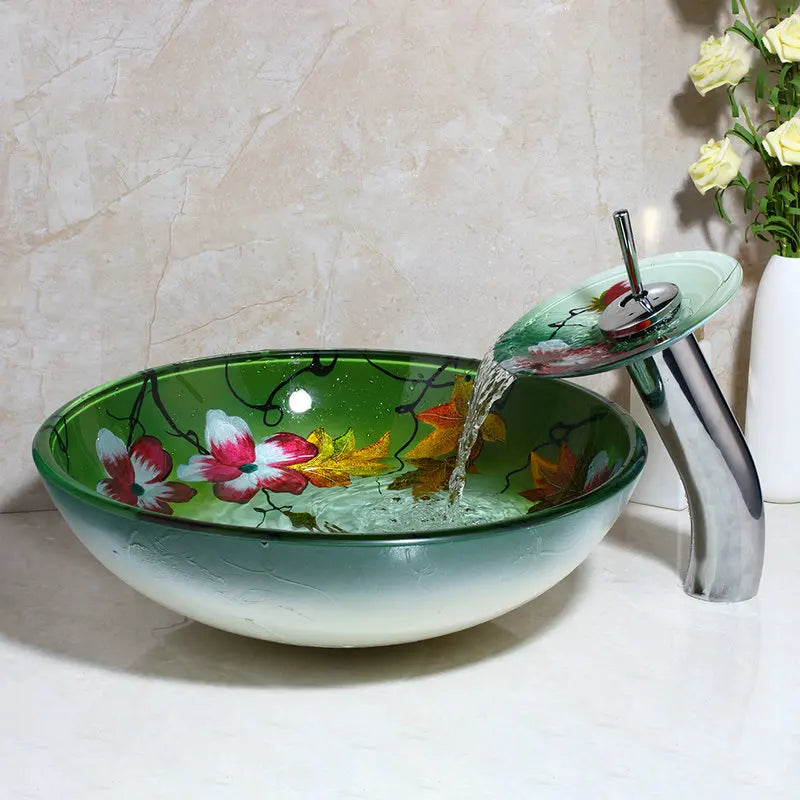 Afralia™ Waterfall Basin Tap & Glass Hand-Painted Lavatory Sink Set with Flower Painting