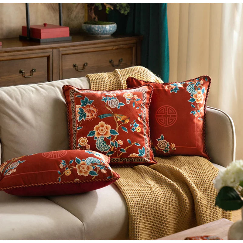 Afralia™ Festive Chinese Style Red Velvet Lumbar Pillow Covers for Home Sofa Décor