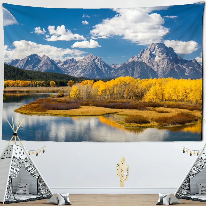 Mountain Lake Scenery Tapestry by Afralia™ - Golden Forest Wall Hanging for Home Decor