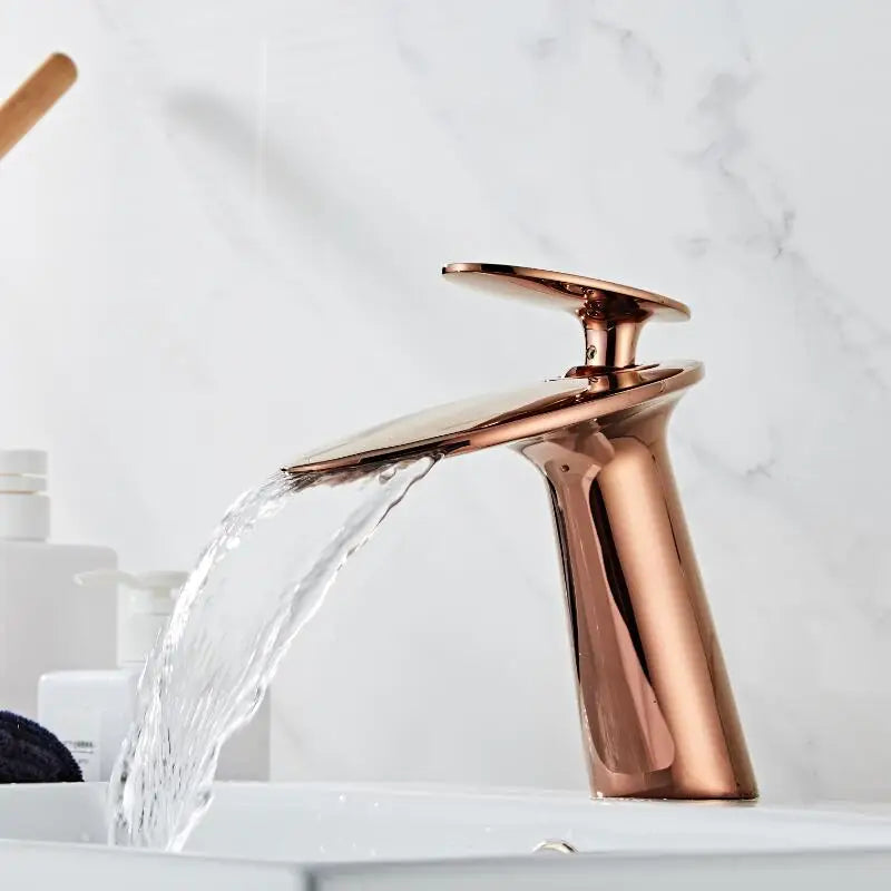 Afralia™ Solid Brass Rose Gold Waterfall Bathroom Faucet, Single Handle Deck Mounted Mixer