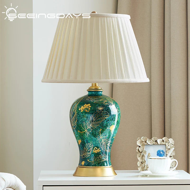 Afralia™ Golden Leaf Green Ceramic Table Lamp - Luxury New Chinese Style for Living Room