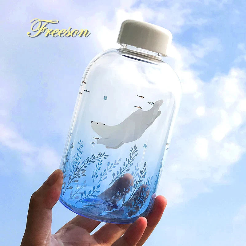 Afralia™ Blue Glass Water Bottle 600ml Cute Polar Bear Seal Design Waterbottle