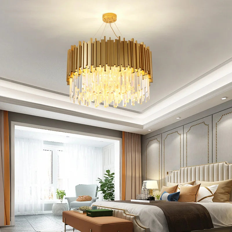 Afralia™ Stainless Steel Crystal Chandelier for Duplex Building & Club Dining