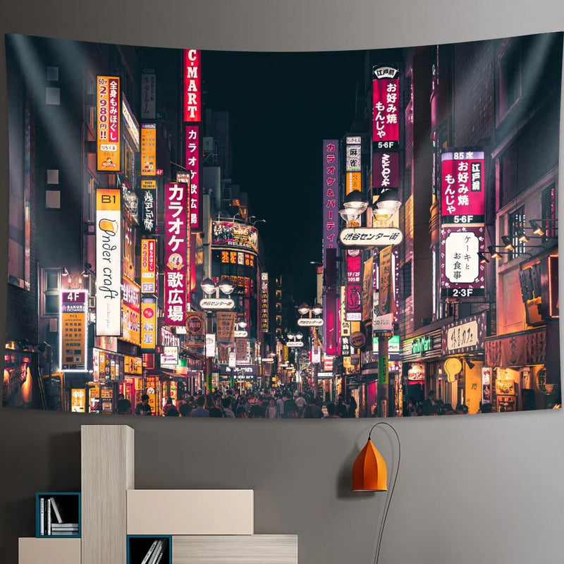 Afralia™ Tokyo Nightlife Tapestry: Japanese Wall Hanging Bohemian Decorative Sheet