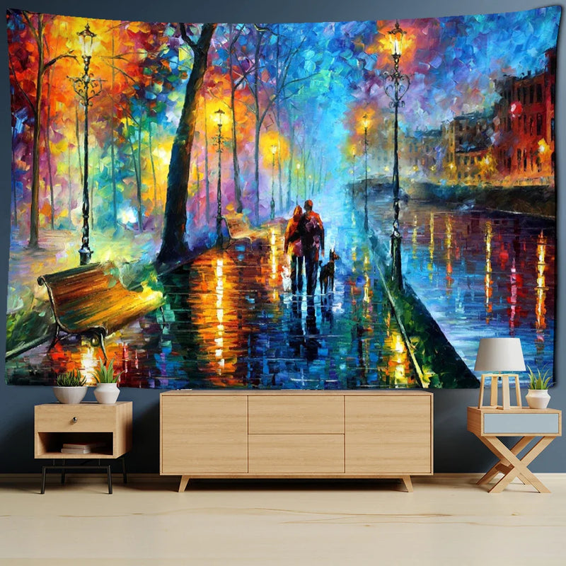 Afralia™ Night View Van Gogh Oil Painting Tapestry - Romantic Love Couple Wall Hanging