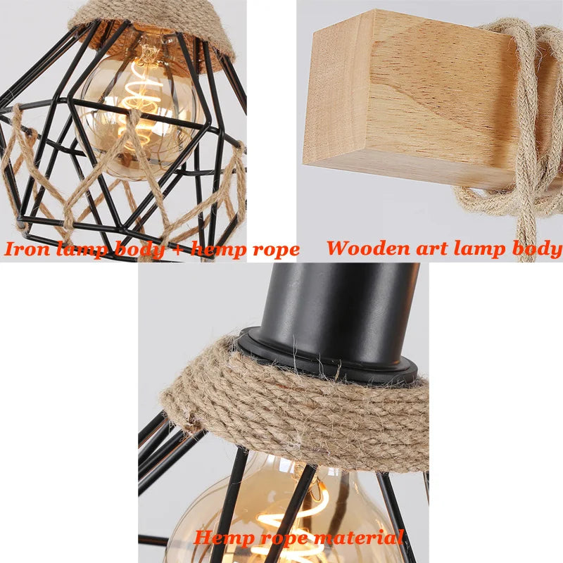 Afralia™ Vintage Hemp Rope Wood Chandelier for Dining Room and Bar