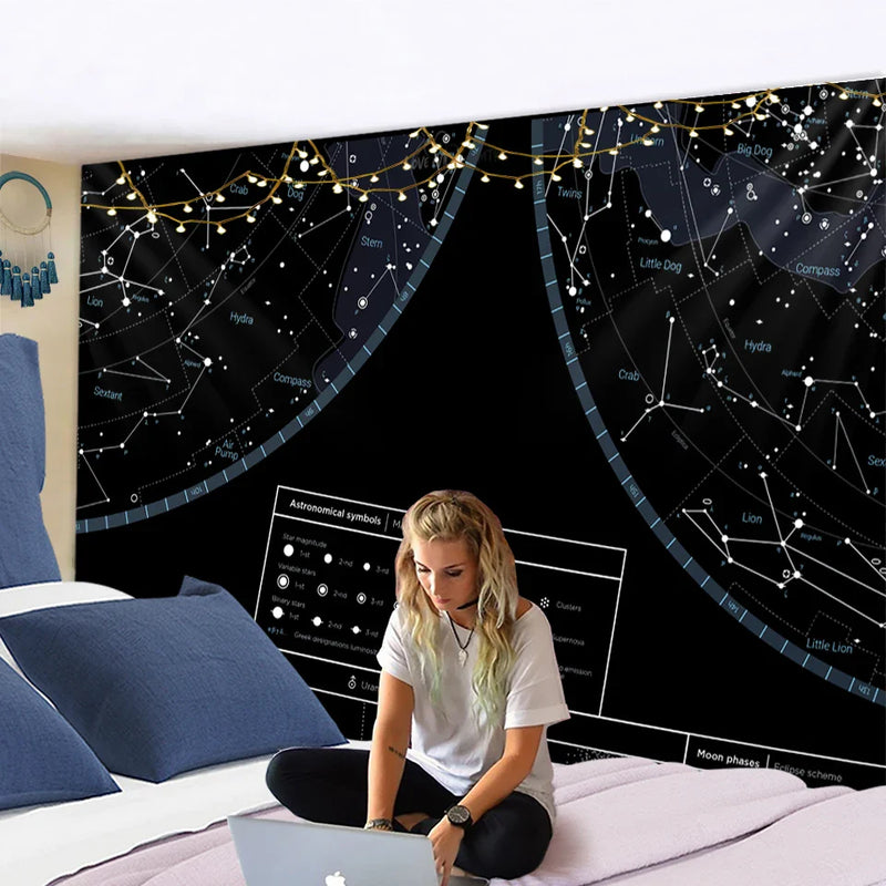 Afralia™ Interstellar Sky Map Constellations Tapestry- Black Galactic Wall Decor