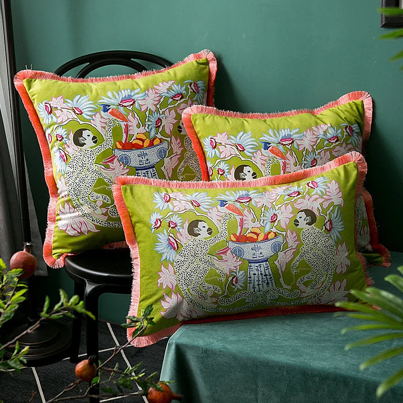 Afralia™ Oriental Mystical Animals Print Velvet Cushion Cover with Tassels