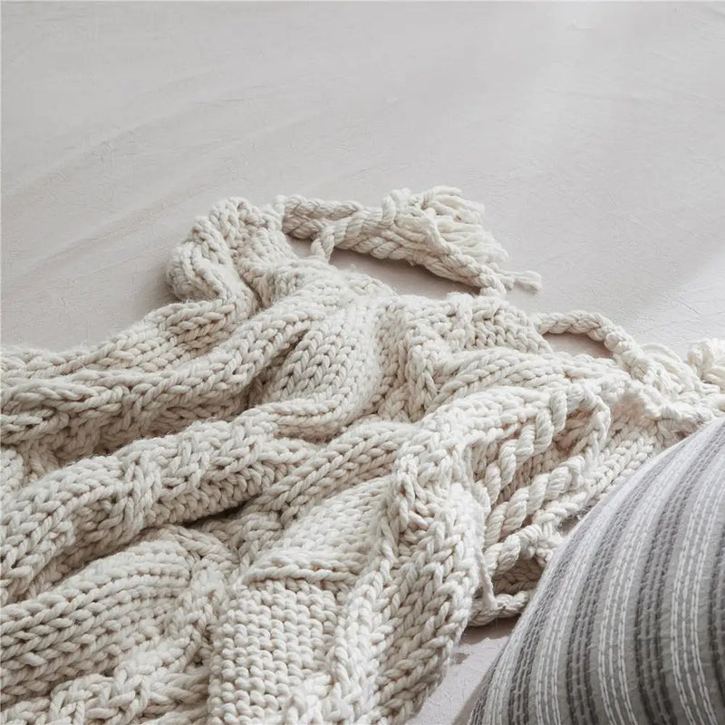 Afralia™ Beige Chunky Knit Tassel Blanket - Soft Plaid Weighted Throw for Home Decor and Sofa - Industrial Style Tapestry