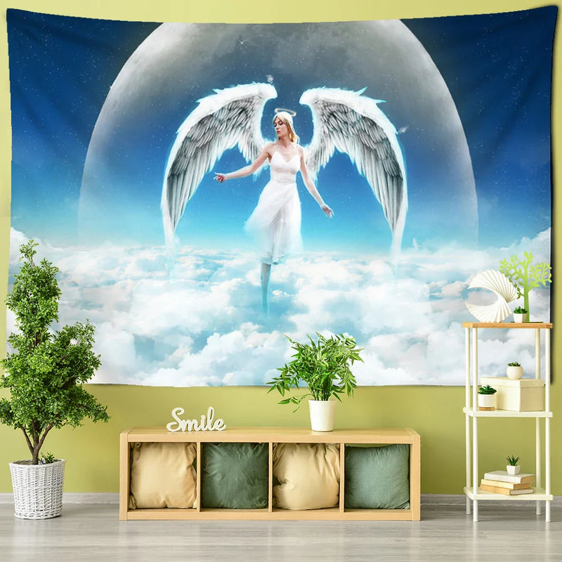 Afralia™ Angel Tapestry Wall Hanging: Blue Sky White Clouds Halo Bohemian Art Decor