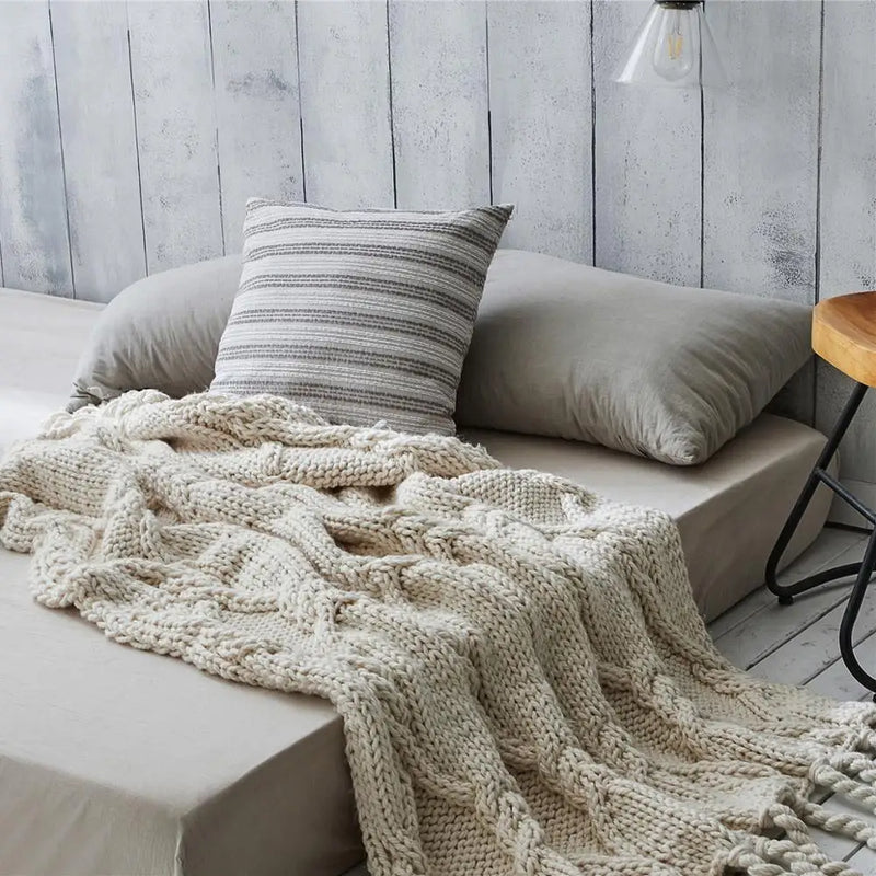 Afralia™ Beige Chunky Knit Tassel Blanket - Soft Plaid Weighted Throw for Home Decor and Sofa - Industrial Style Tapestry