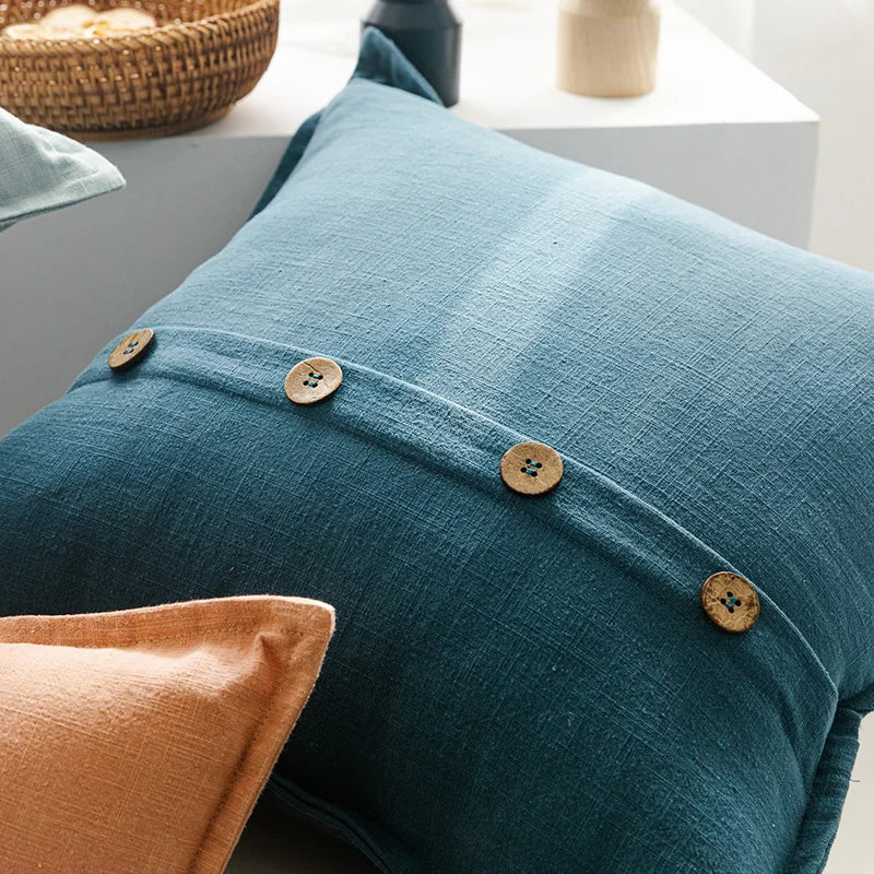 Afralia™ Cotton Linen Cushion Cover 45x45cm in Pink Blue Green Beige with Coconut Buttons for Home Décor