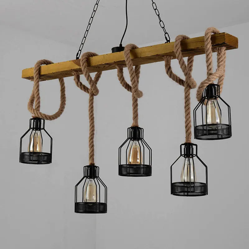 Afralia™ Vintage Droplight: Hemp Rope Wood Ceiling Chandelier for Dining, Restaurant, Cafe