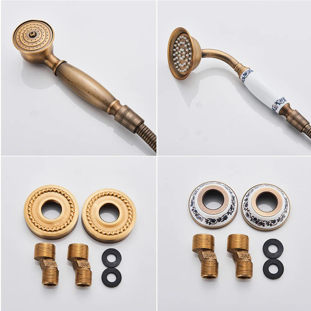 Afralia™ Brass Antique Tub Faucet with Long Spout, Rotate Handle and Handshower