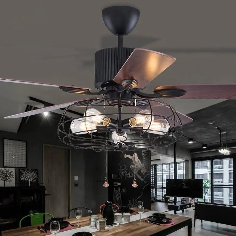 Afralia™ Loft Fan Chandelier Retro Dining Room LED Remote Fan Lamp