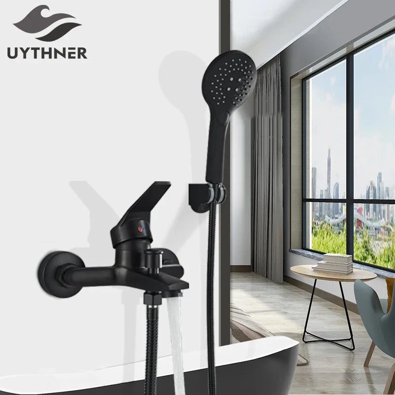 Afralia™ Matte Black Bathroom Shower Faucet Mixer Tap with Hand Shower Set, Wall Mount