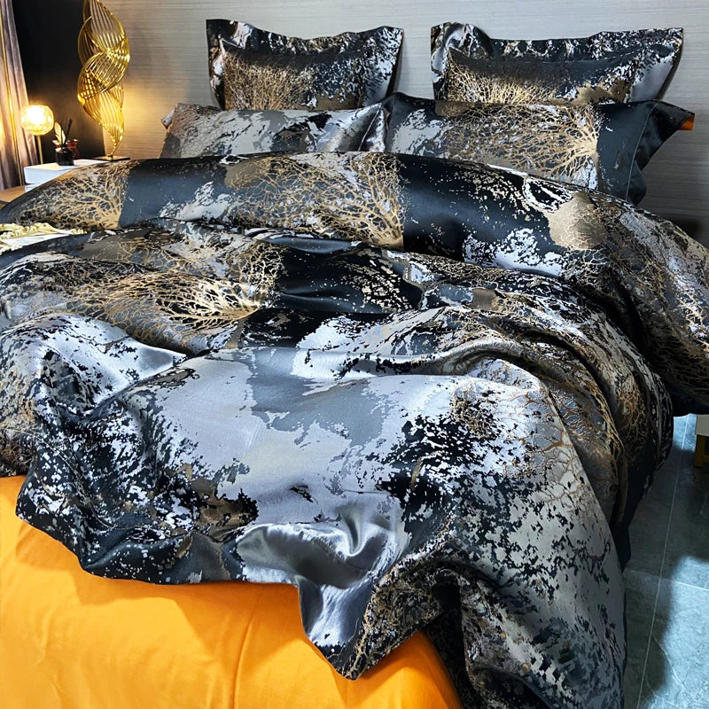 Afralia™ Black Gold Jacquard Egyptian Cotton Bedding Set, Satin Duvet Cover, Fitted Sheet Pillowcases