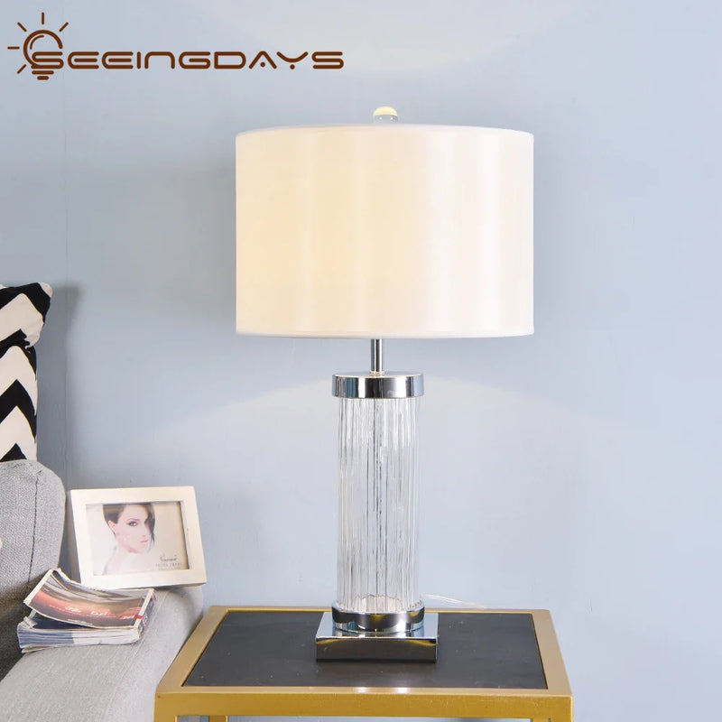 Afralia™ Glass Crystal Cylinder Table Lamp White Black Lampshade LED Desk Bedside Lamp