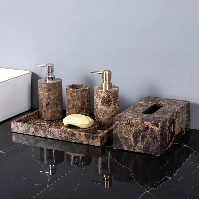 Afralia™ Emperador Dark Marble Bathroom Set: Toothbrush Holder, Soap Dish, Soap Dispenser