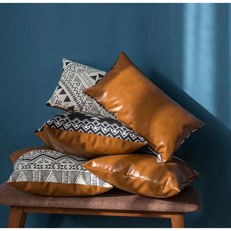 Afralia™ Cognac Leather Cotton Color Block Cushion Cover 45x45cm
