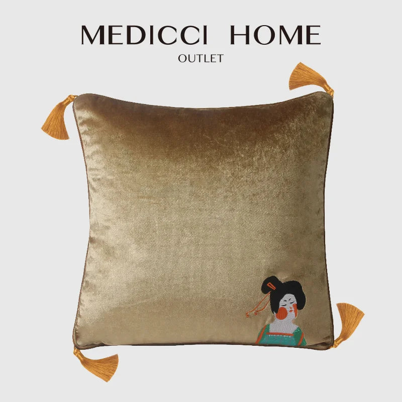 Afralia™ Chinoiserie Tang Dynasty Lady Embroidered Cushion Cover for Sofa