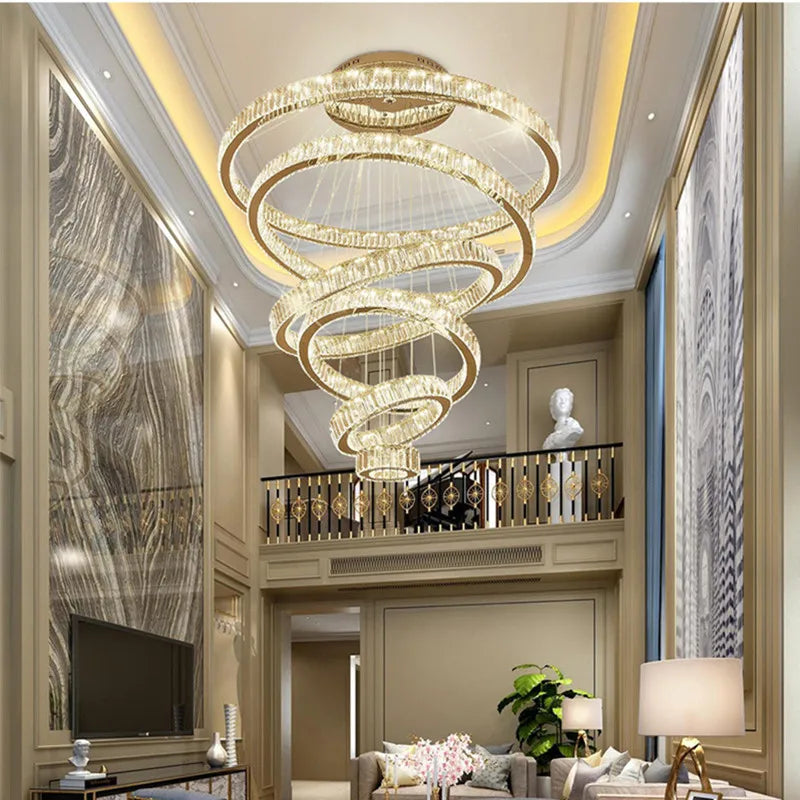 Afralia™ Crystal LED Chandelier: Luxury Modern Ring Stair Hanging Lamp for Living Room Decor