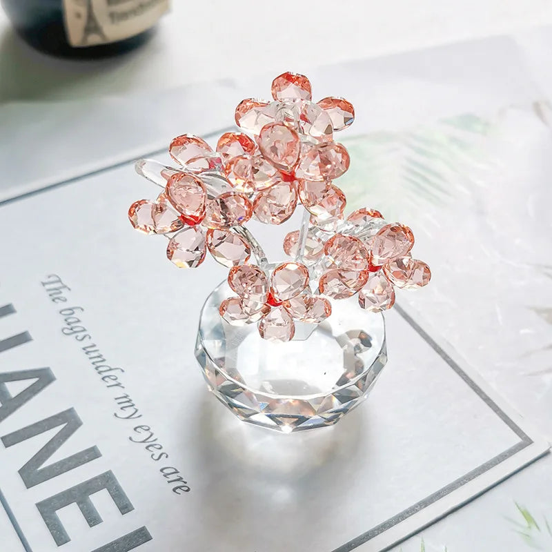 Afralia™ Pink Crystal Plum Blossom Figurine Glass Sculpture Decor Ornament Centerpiece