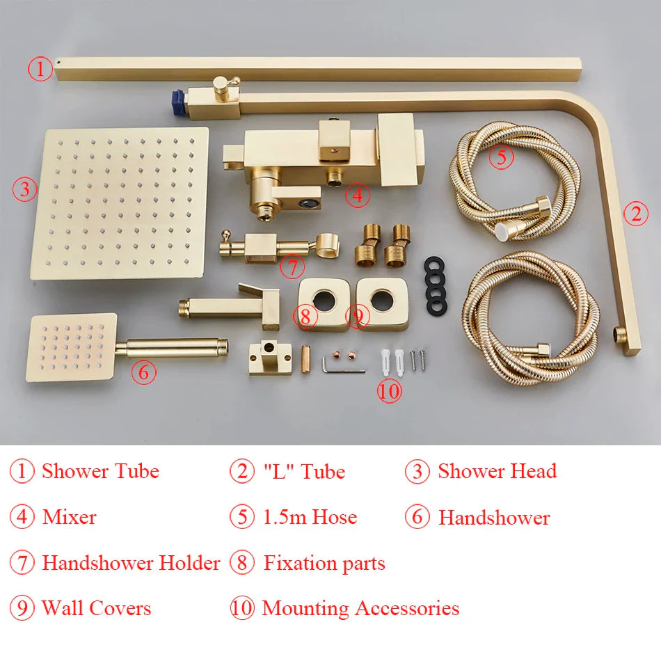 Afralia™ Gold Wall Mounted Bathroom Shower System Kit with 4-way Mixer