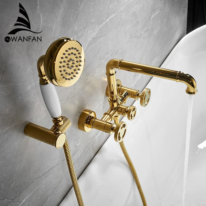 Afralia™ Gold Bathtub Shower Set with Dual Control Wall Mount