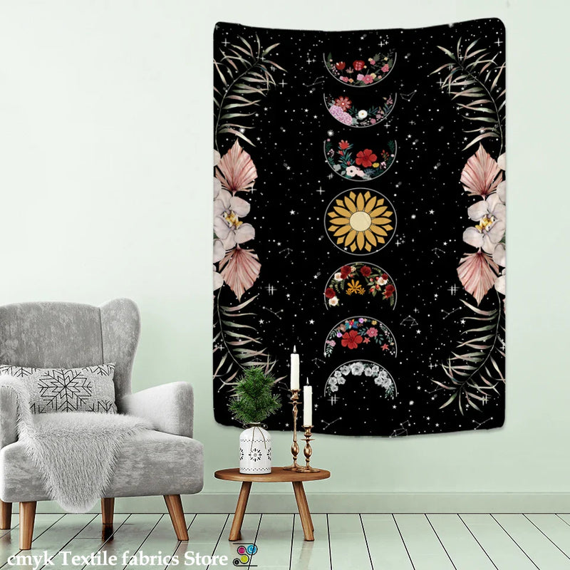 Moon Phase Flower Tarot Tapestry Wall Hanging by Afralia™ - Psychedelic Hippie Home Decor