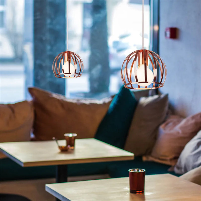 Afralia™ Rose Gold Iron Cage Pendant Light: Modern Hanging Lamp for Kitchen and Living Room