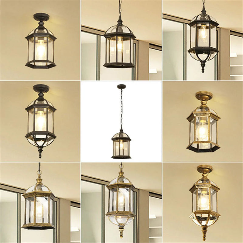 Afralia™ Black Rustic Outdoor Hanging Lantern Light with Clear Glass Flush Mount Fixture