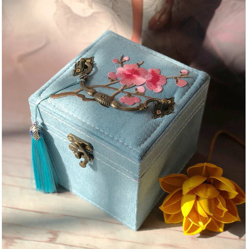 Afralia™ Three-Layer Floral Embroidery Jewelry Organizer & Makeup Box
