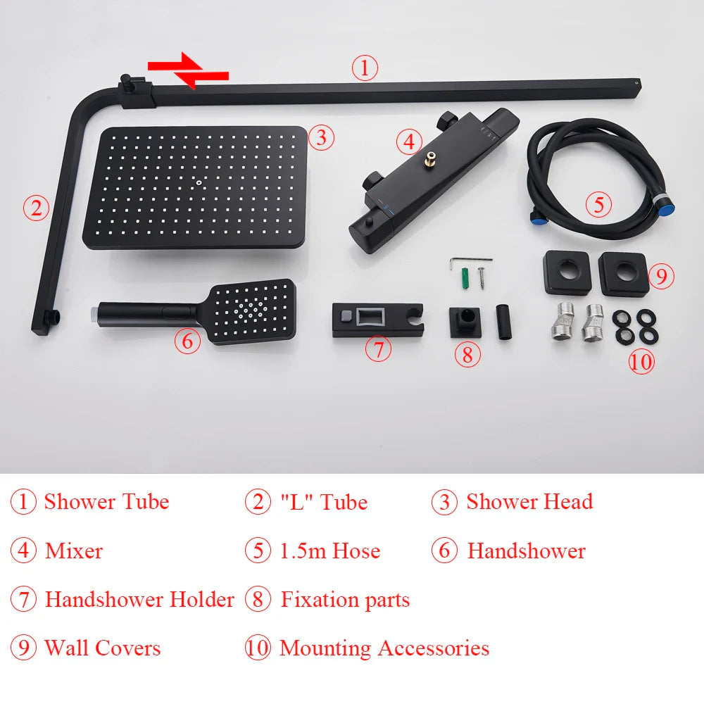Afralia™ Thermostatic Black Shower Faucet Set with Rain Shower Head - Wall Mounted