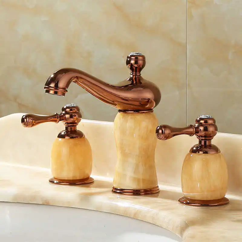 Afralia™ Gold Brass Jade 3 Hole Widespread Basin Faucet with Double Handle