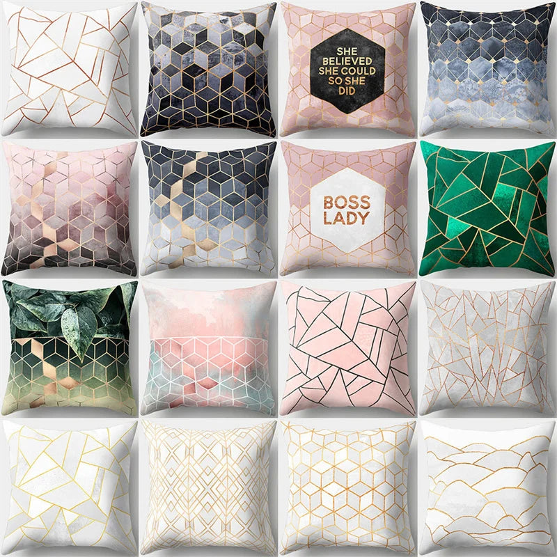 Pink Geometric Marble Pillowcase with Golden Line. Afralia™ Modern Home Decor.